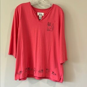CJ BANKS - 1x, dark pink, kitty embroidered 3/4 length tshirt